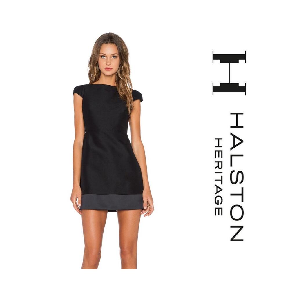 Halston Heritage Dress Women O Black Cap Sleeve Mini Silk Blend Cutout Satin Hem